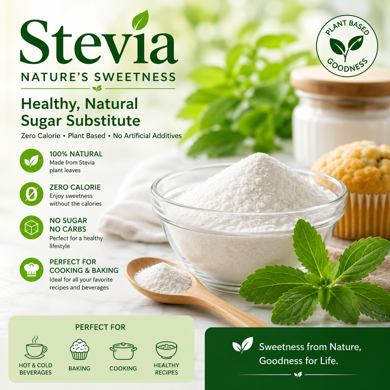 Stevia powder in glass bowl - healthy natural sugar substitute for cooking and baking
