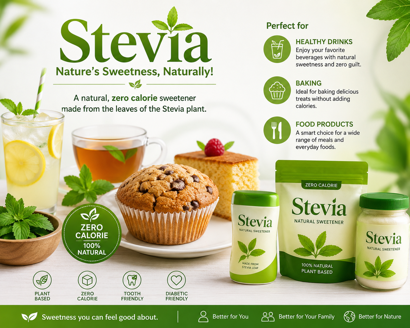 Stevia used in healthy drinks, baking and food products - natural zero calorie sweetener